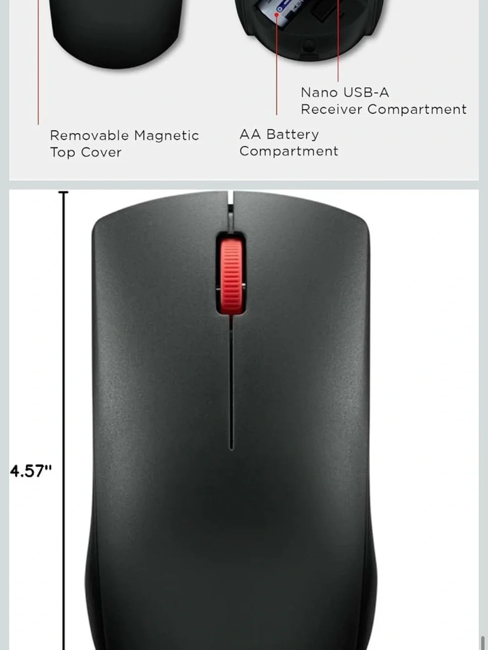 Lenovo Gray Wireless Mouse with Red Scroll Wheel